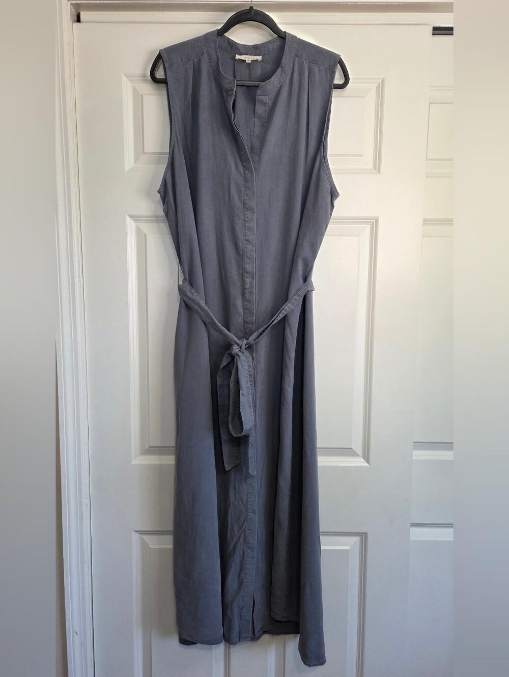 Side Stitch Slate Blue Lagenlook Collarless Midi Shirt Dress - Size 2X